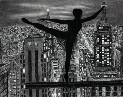 ballet dancer night cityscape surreal hand drawn charcoal art