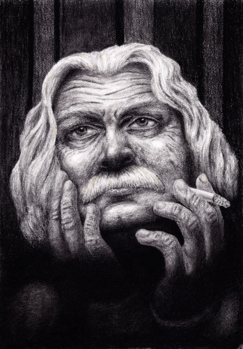 old man with moustache smoking and thinking about life charcoal drawing on paper