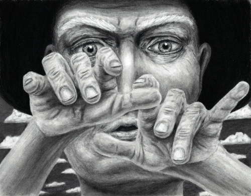 a magic mystical modern wizard casts a spell with his hands on the unwitting viewer charcoal drawing. no ai.