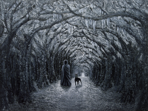 a hooded figure and menacing dog stand astride a narrow trail in a spooky mossy forest black and white oil painting