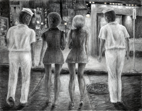 two pretty young women in short skirts walking with two sailors in white uniforms in a nighttime vintage cityscape no ai hand drawn art charcoal drawing