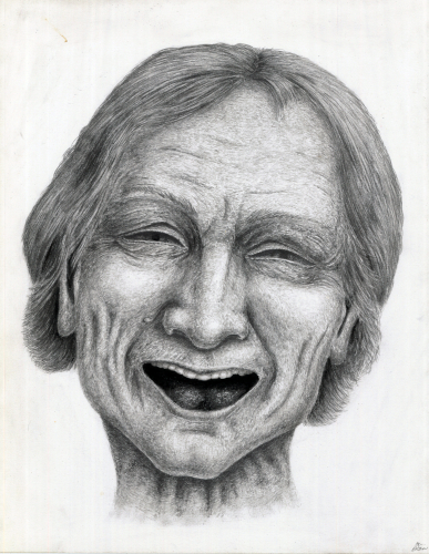 graphite and charcoal portrait of a happy older man smiling and laughing on paper drawing