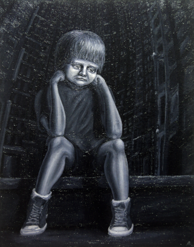 sad dejected sad boy sits on a curb in the big dark city black and white oil painting. no ai.