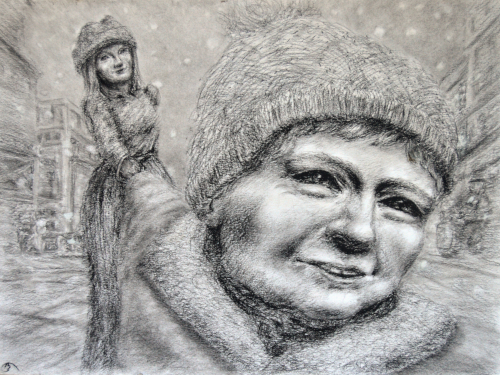 young boy smiling and pulling his mother along in a snowy courtyard charcoal drawing on paper