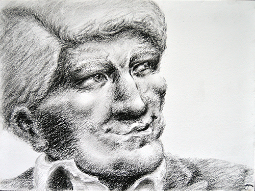 charcoal drawing no ai older portly guy with wry smile fine art portrait