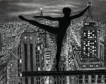 charcoal drawing of a beautiful female silhouette ballerina perched atop a beam hundreds of feet about vintage new york city