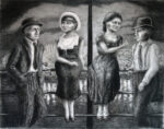 two cute girls and 2 handsome boys on a date at a carnival vintage fashion charcoal drawing on paper no ai.