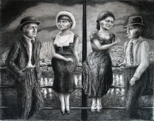two cute girls and 2 handsome boys on a date at a carnival vintage fashion charcoal drawing on paper no ai.