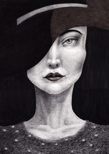 a beautiful woman in a high fashion hat dipped over one eye somber portrait mixed media drawing on paper