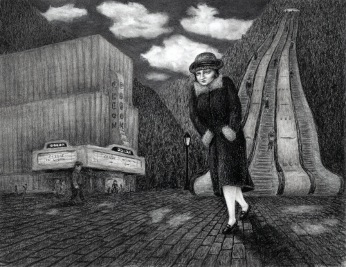 Odeon - woman in long coat walking in a mysterious courtyard surreal winter scene charcoal drawing on paper fine art