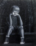 a young boy sits on the curb in a big city looking sad with giant skyscrapers looming black and white oil painting
