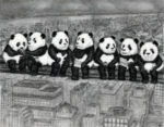 a crew of hard working pandas eat lunch seated on a beam high above new york city in this charcoal drawing parody of the famous photo