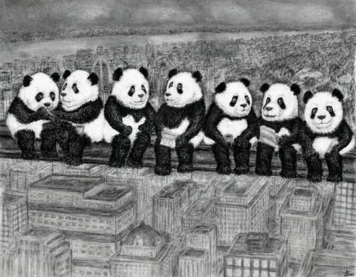 a crew of hard working pandas eat lunch seated on a beam high above new york city in this charcoal drawing parody of the famous photo