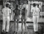 2 pretty girls in short mini skirts walk between 2 sailors in uniform on a night time city street vintage romantic charcoal drawing on paper.